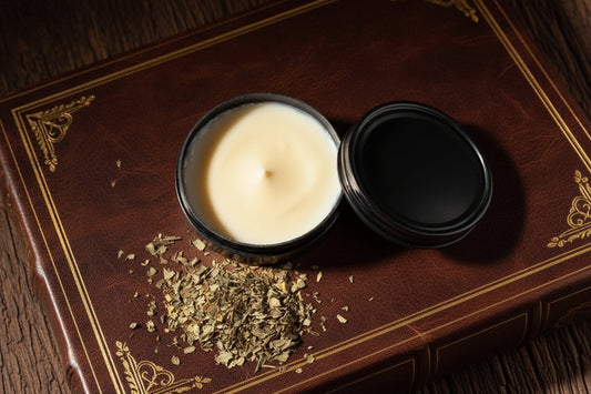 Black container with a white cream and dried herbs on a brown surface
