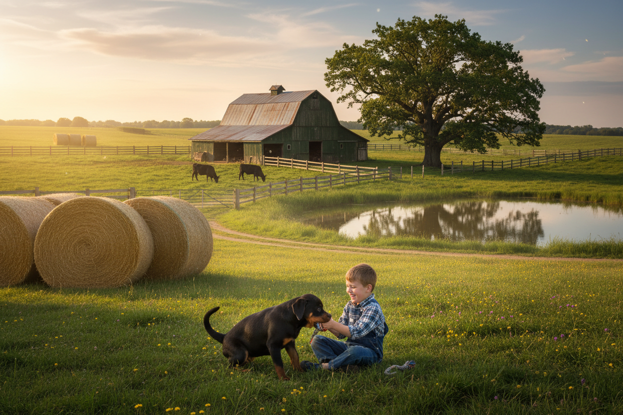 Dark green barn with fenced fields containing a couple of black cows around it, a pond under a large oak tree on the right side of the barn, 4 round hay bales on the left of the image, and a small boy playing with a Rottweiler puppy in the foreground.