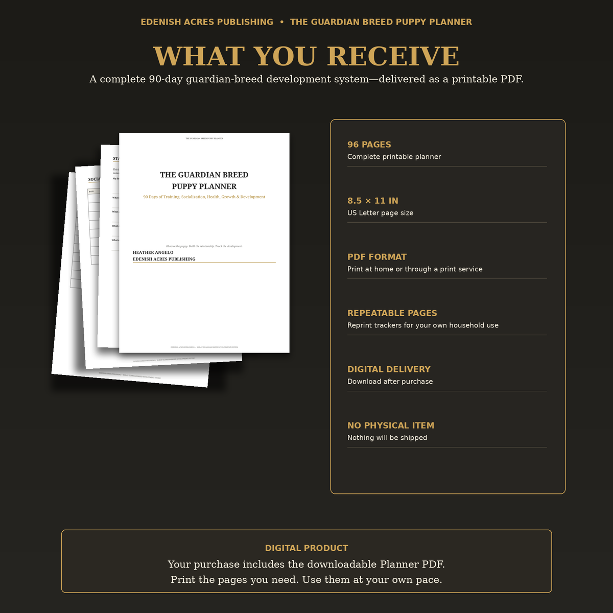 Guardian Breed Puppy Planner digital PDF contents and delivery details